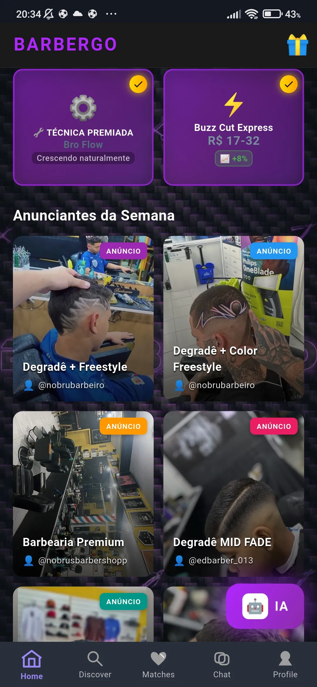 Tela do BarberGO rolada até os consumíveis e a vitrine de anunciantes da semana, com os anúncios de barbeiros reais.